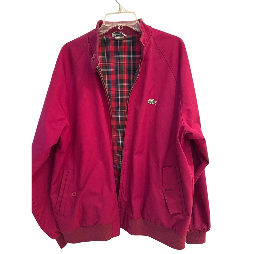 LACOSTE. Vintage/Preppy.Magenta Zip-Front Harrington Jacket. Plaid Lining. Sz L.